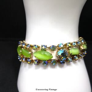Mid-Century Green Blue AB Rhinestone Bracelet, Aurora Borealis, 1950s Vintage
